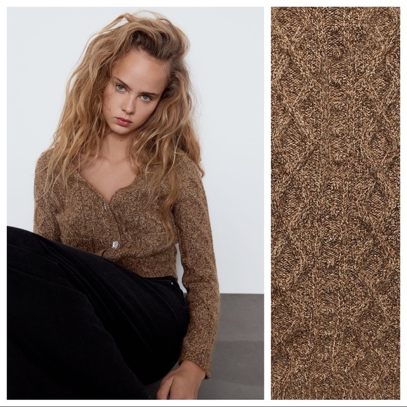 NWT. Zara Brown Jewel Button Knit Cropped Cardigan. Size M. - Picture 3 of 9